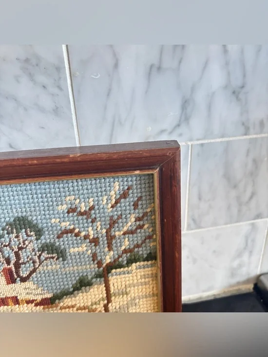 Vintage Pair of Small Framed Needlepoint Art of Spring and Winter Landscapes - Picture 8 of 10